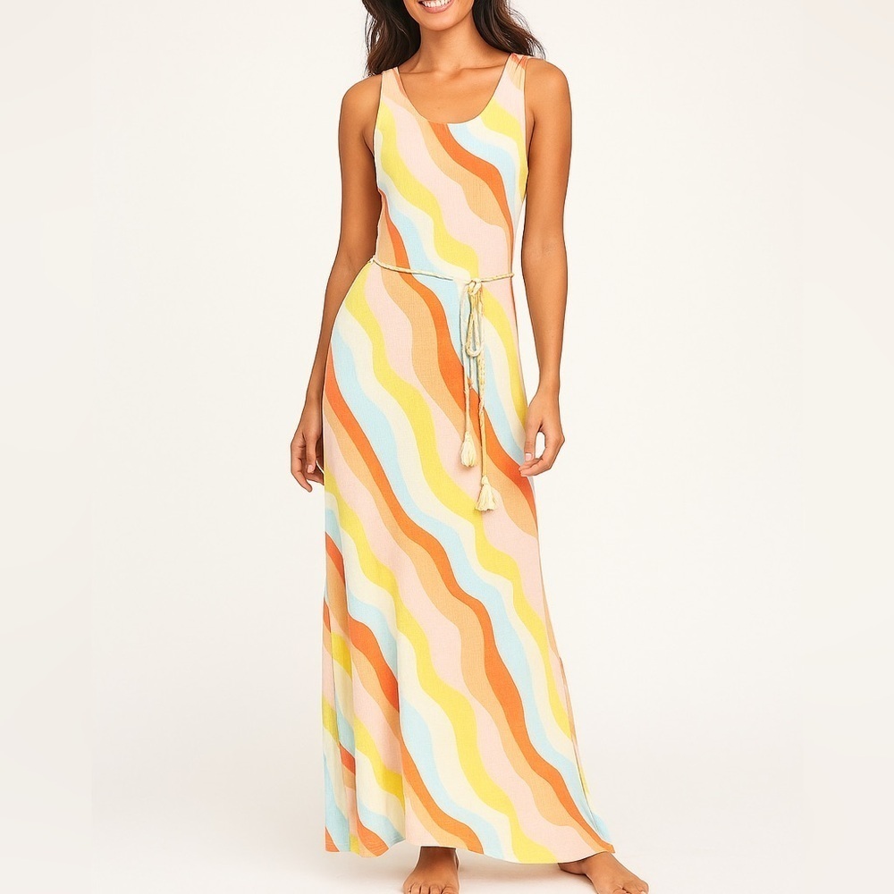 Chaser Rainbow Wave Waist Tie Lightweight Tank Maxi Dress